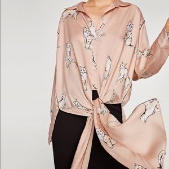 Zara Tops - ZARA Cat Print Tie-front Sateen Blouse
